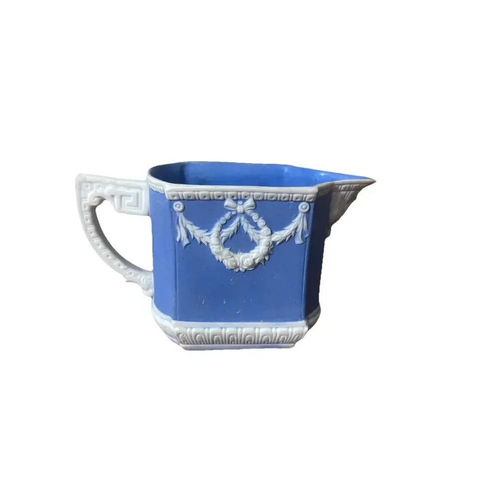 Blue White Jasperware Style Creamer Pitcher Classical Relief 5” Vintage